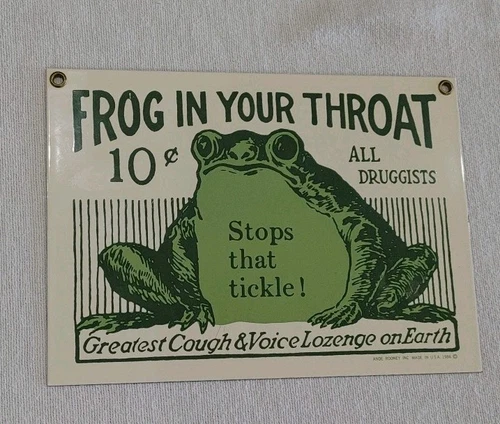 Vintage Frog In Your Throat Porcelain Adv Sign Tickle Cough Ande Rooney 1986 USA