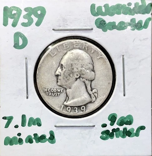 1939-D Washington Quarter 25c - .900 Silver VG Very Good Condition