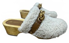 Tory Burch 7 Jessa Embellished Shearling Clogs   Black Leather w/ Gold Medallion