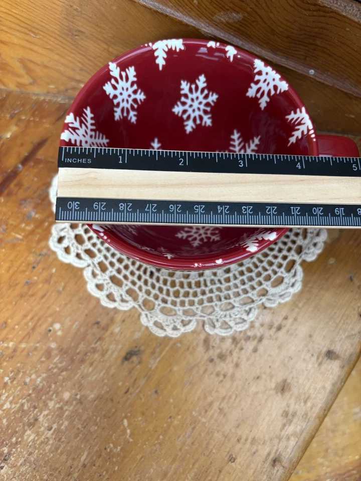 Primitives by Kathy  8 oz Stoneware Mug Red Background w/ White Snowflakes - Image 4 of 4