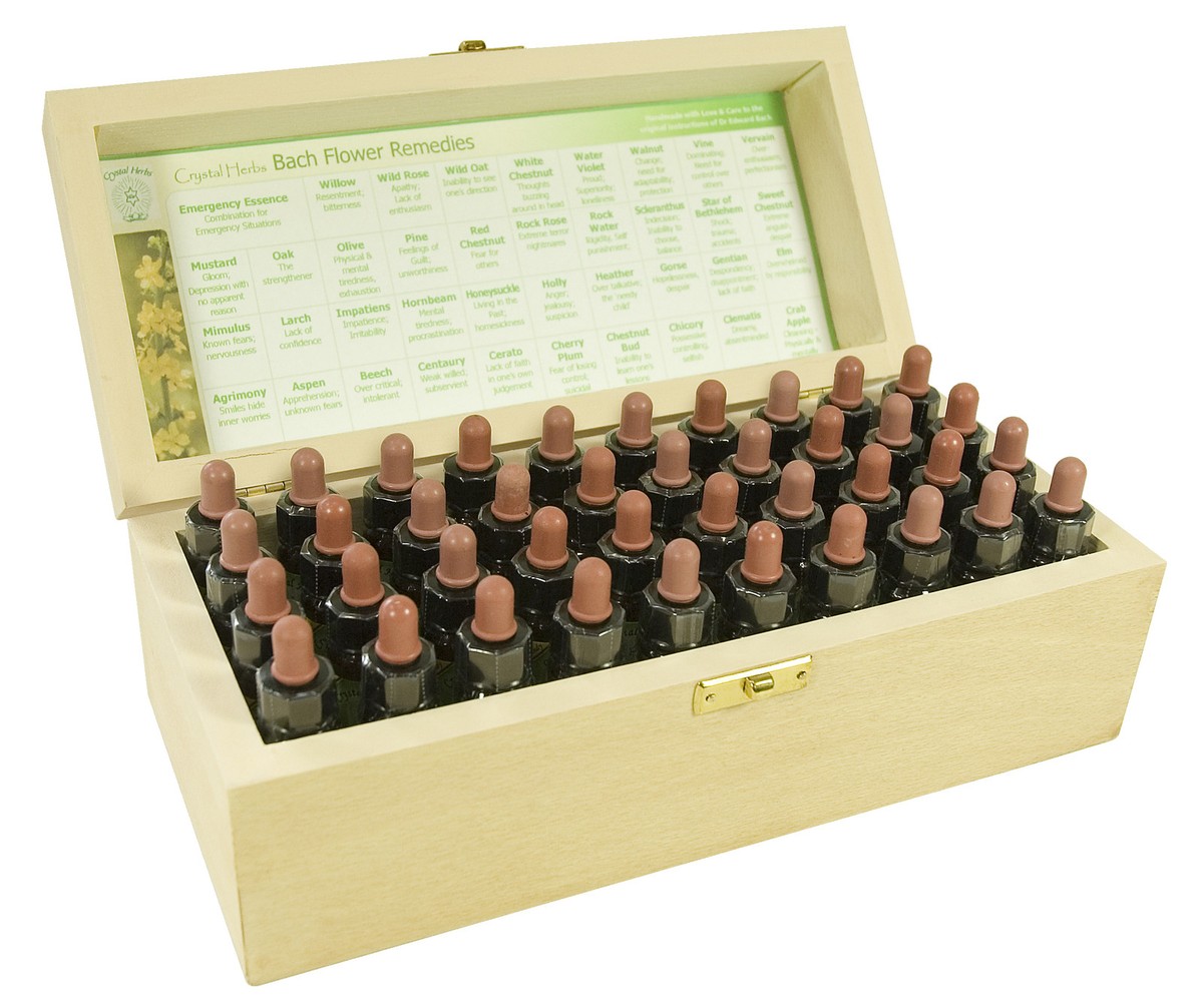 10ml Flower Remedies Set by Crystal Herbs - in Wooden Box - non