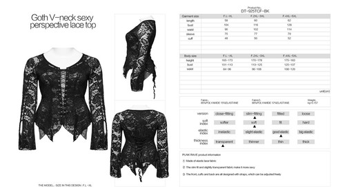 Punk Rave Women Black Gothic Punk V-Neck Sexy Perspective Lace Plus Size Top - Bild 14 von 22