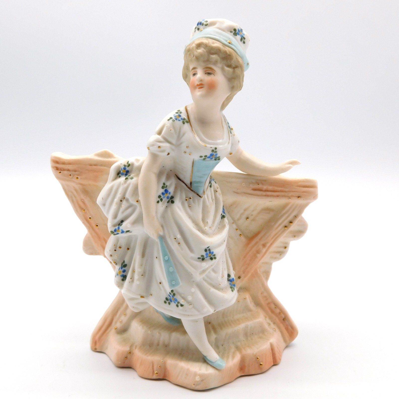 Vintage Porcelain Planter Victorian Woman Blue Dress with Gold Dot Accent 5.5"