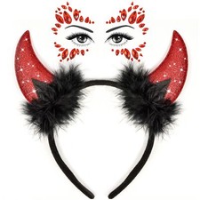 Devil Horns Headband Red Devil Horns Costume for Women Men Girls with Face Je...