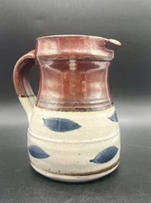 Vintage Hand Thrown Studio Art Pottery Pitcher Stoneware Speckled Blue Signed