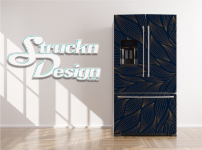 Modern Texture Gold Navy Wavy Leaves Fridge Freezer Wrap Side Door Vinyl Decal