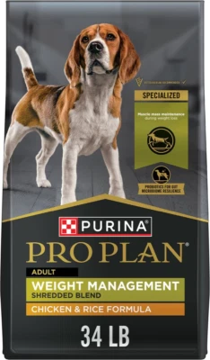 Purina Pro Plan Weight Management Dog Food, Shredded Blend Chicken & Rice, 34 lb