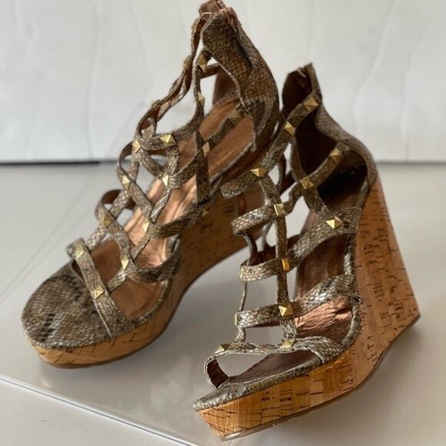 Coconuts Womens Wedge Sandals Platform Heels Gold Studs Cork Snakeskin, Sz 8M - Picture 3 of 9