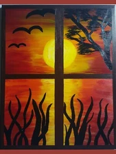'Window Lake Sunset' Hand-painted, Original Acrylic Wall Art. Stretched Canvas