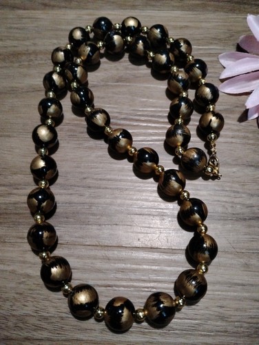 Black & Gold Painted Acrylic Beaded Necklace 31" #A27-7