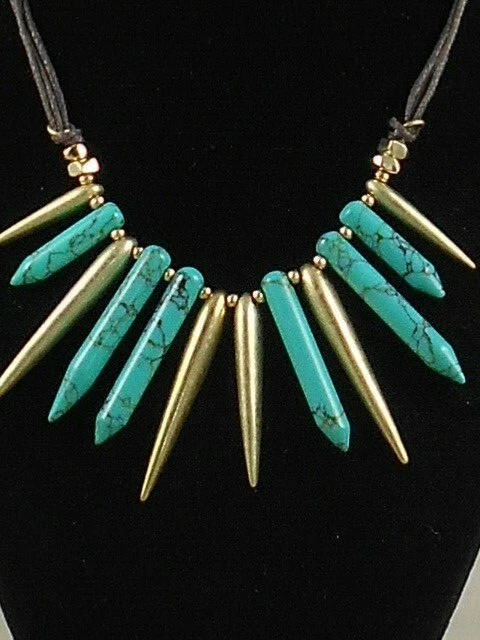 Kenneth Cole 纽约金半珍贵绿松石绿色尖峰棕色绳项链 — 第 2/2 张图片