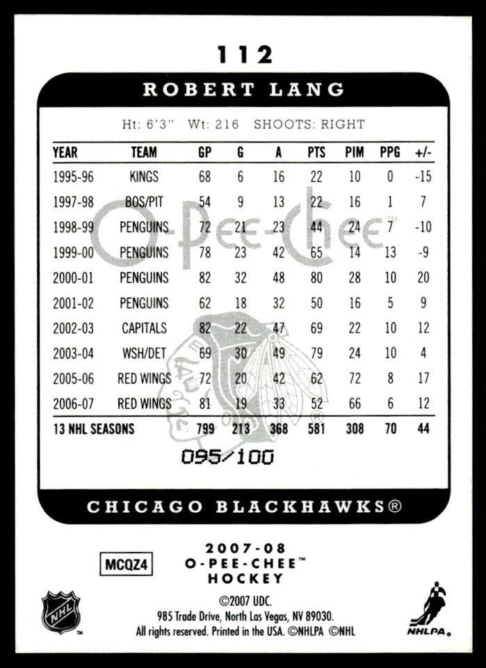 2007-08 O-Pee-Chee Micromotion Black Robert Lang 095/100 Chicago Blackhawks #112 - Image 2 of 2