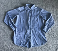 CAbi Tuxedo Shirt Women’s Sz Medium Chambray Blue Blouse Button Up Tunic *Flaw