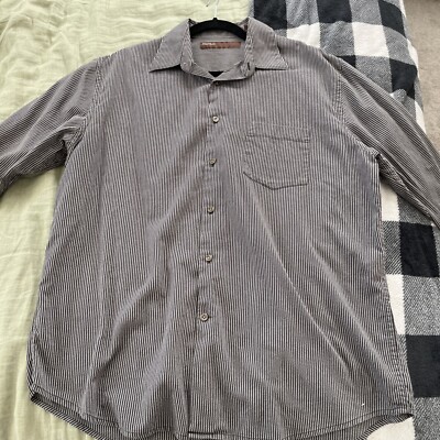 Perry Ellis Men s Brown Striped Button Up Long Sleeve Shirt L 100% Cotton