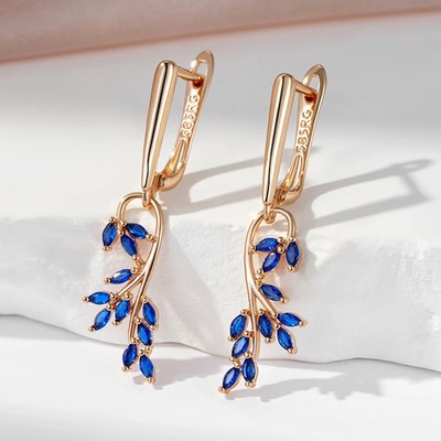 Rose Gold Tone Drop Earrings Women Zircon Leaf Shape Long Smooth Jewelry