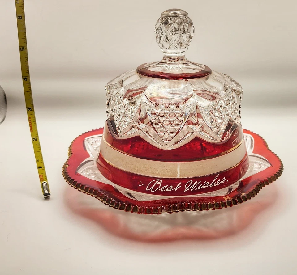 Antique EAPG Ruby Stain Flash Covered Butter Dish Starburst "To Mother" c. 1905 - Image 4 of 4