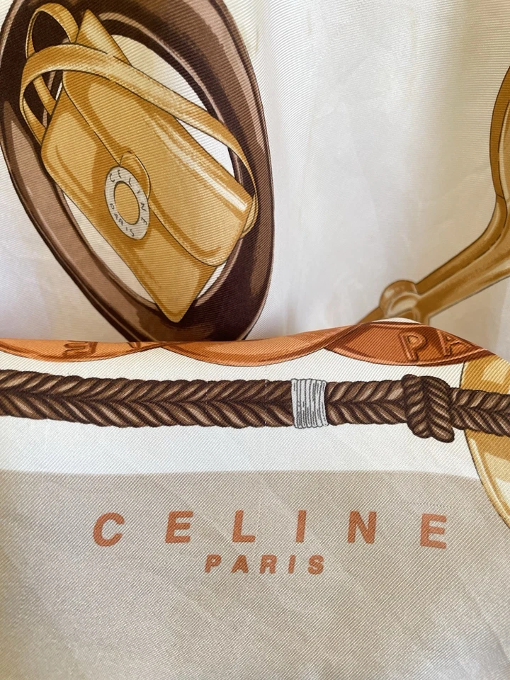 AS9#CELINE Paris 100% Seda Bufanda Vintage Bolso Ecuestre Estampado Beige Marrón Cuadrado Foto 2 de 4