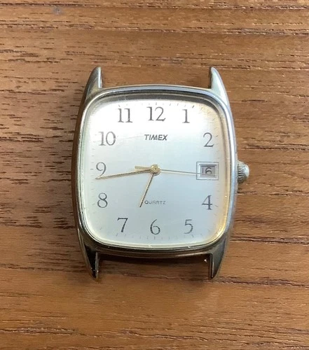 Vintage Timex Men’s Quartz Gold Tone Date Rectangle Watch Gold Arabic Dial