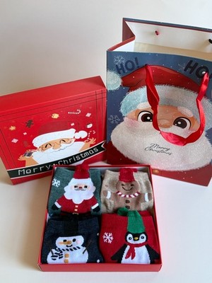 Christmas Gift Sock Set with Gift Box & Bag   4 Pairs of Festive Cotton Socks