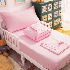 Juego de Cama para Ninos 4 Piezas con Edredon Sabana y Funda de Almohada Rosa