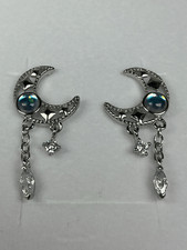 Silver Moon Star Moonstone Earrings Opal CZ Dangle Celestial Drop Earrings