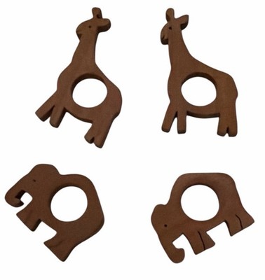 Vintage Wooden Homemade Set Of 4 Napkin Rings Zoo Animals Safari