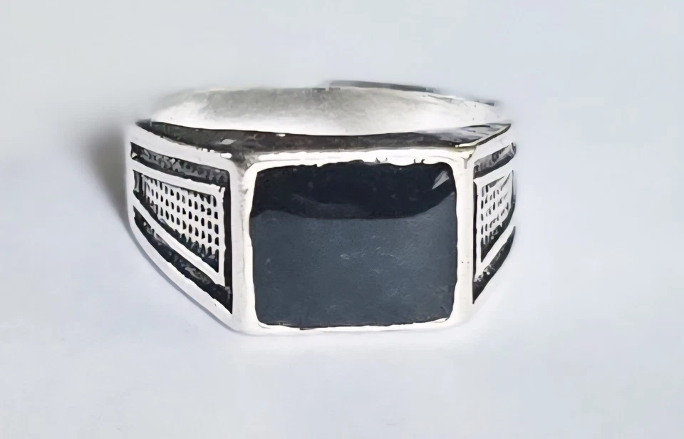 JUEGO BISEL CUADRADO NEGRO ÓNIX CALIDAD TITANIO PLATA ANILLO NUEVO TALLA 8 Foto 2 de 4