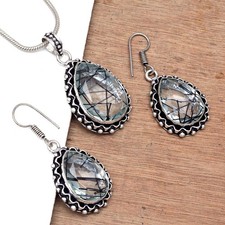 Rutile  Golden Set Earring Jewelry 18-20'' Pendant Quartz Sterling