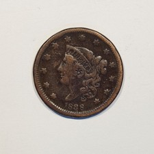 1838 USA Coronet Head Cent, N-3  R.1 Heavy line under L(IBERTY), F (Plan. Def.)