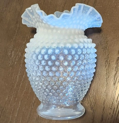 Fenton Art Glass French WHITE Opalescent HOBNAIL Flared 6" tall Vase Crimped