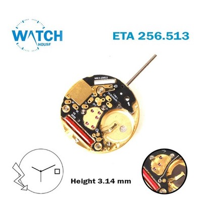 ETA 256.513 Swiss Watch Movement, White Date Disk at 3, 3 Hands, Height 3.14 mm