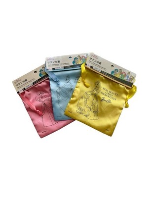 Disney Princess Daiso Ariel, Cinderella, Bell Satin Drawstring Set of 3 Pouches