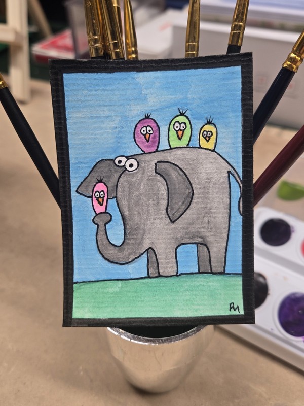 ACEO Original Painting "Taxi Ride" Elephant  ATC  by RyAnn Myers mockryann
