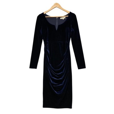 Fresh Soul Dress Womens 8 Blue Velvet Bodycon Midi Long Sleeve Ruched Party