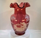Vintage Fenton Tea Party Mary Gregory Cranberry Crimp Rim Vase Hand Painted