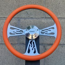 14 Inch Billet Flame Steering Wheel With Orange Vinyl Wrap And Gmc Horn Button 14 Inch Billet Flame Steering Wheel With Orange Vinyl Wrap And Gmc Horn Button