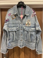 BNWT CARLA GIANNINI Lovely Sequin & Graffiti Distressed Style Denim Jacket L/XL