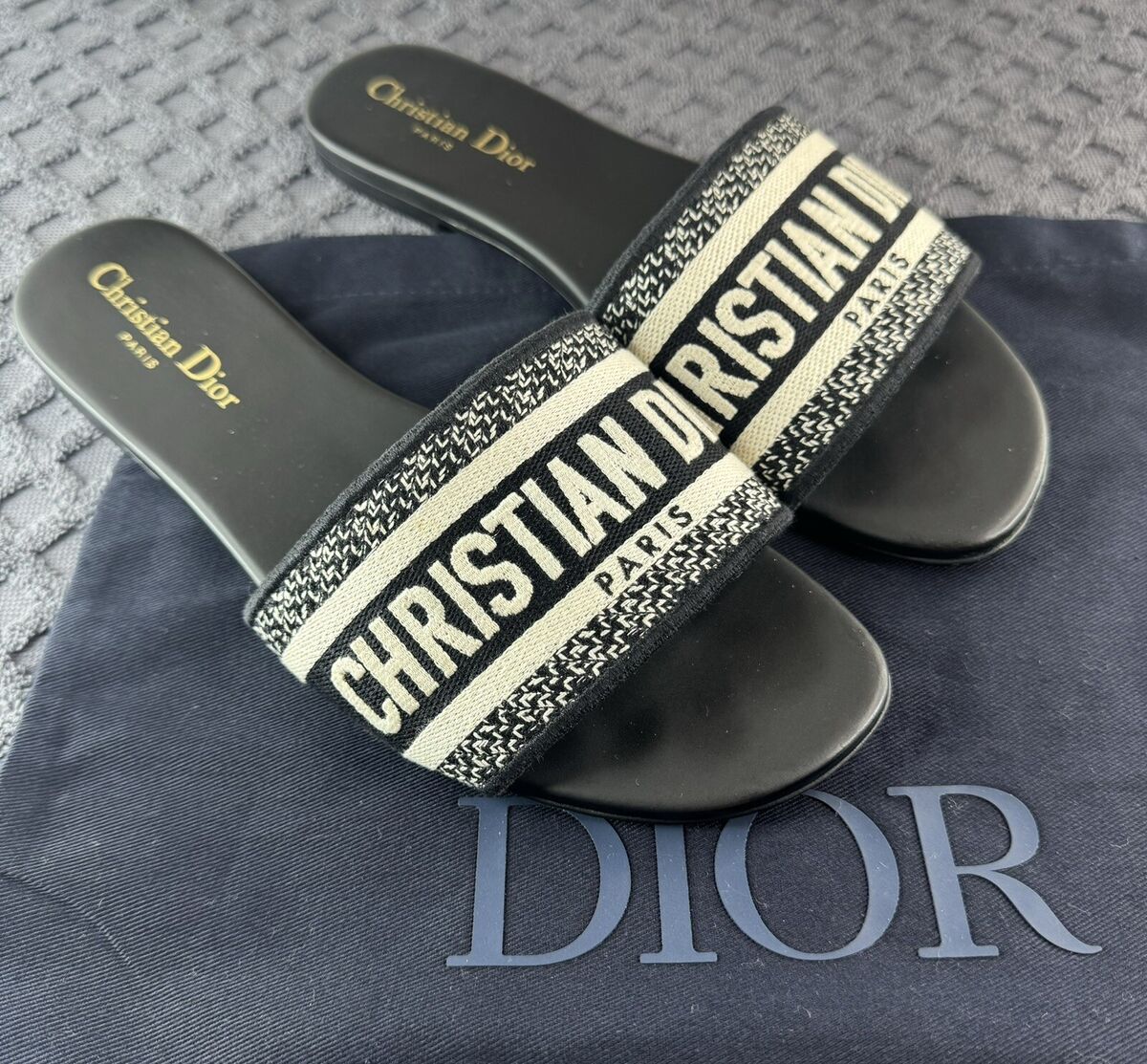 CHRISTIAN DIOR DWAY SLIDES BLACK EMBROIDED COTTON | eBay CHRISTIAN DIOR DWAY SLIDES BLACK EMBROIDED COTTON | eBay