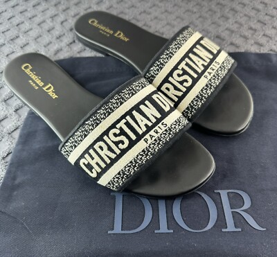 CHRISTIAN DIOR DWAY SLIDES BLACK EMBROIDED COTTON