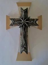  3 LAYER CROSS, SILVER PAINTED WOOD W/ FLAX WOOD CROSS ON TOP -  8"X5'  NEW