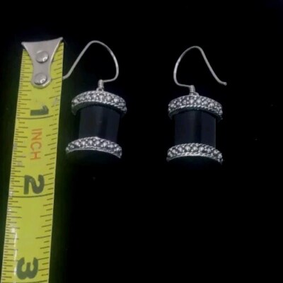 Sterling Silber schwarzer Onyx Tropfen Design Haken Ohrringe 12,61 Gramm & 1,5'' x 0,25'' 