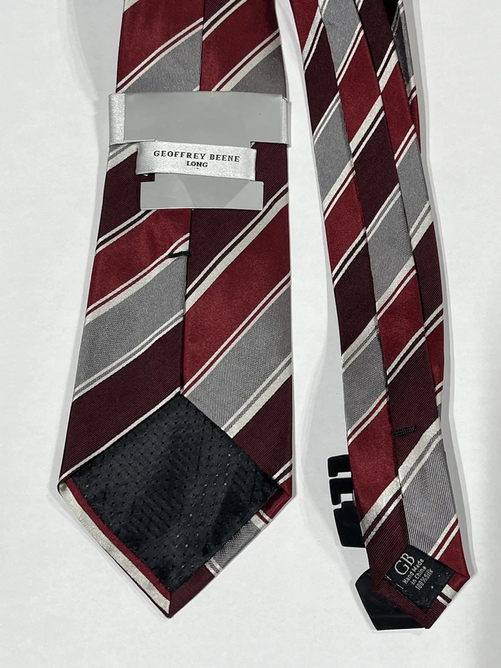 Corbata a rayas rojas y plateadas Geoffrey Beene XL pura seda hecha a mano para hombre NUEVA Foto 2 de 4