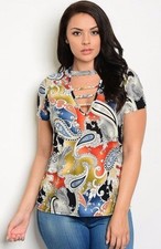 women-plus-size-slim-top-blouse-multicolor-paisley-short-sleeve-casual-fitted