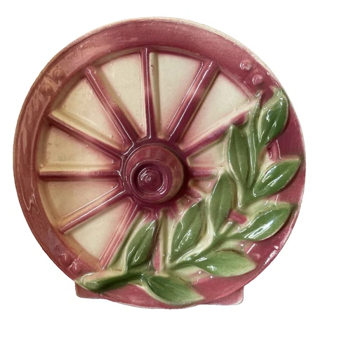 Vintage Unsigned McCoy Dusty Rose Wagon Wheel Wall Pocket Planter Southwest Deco