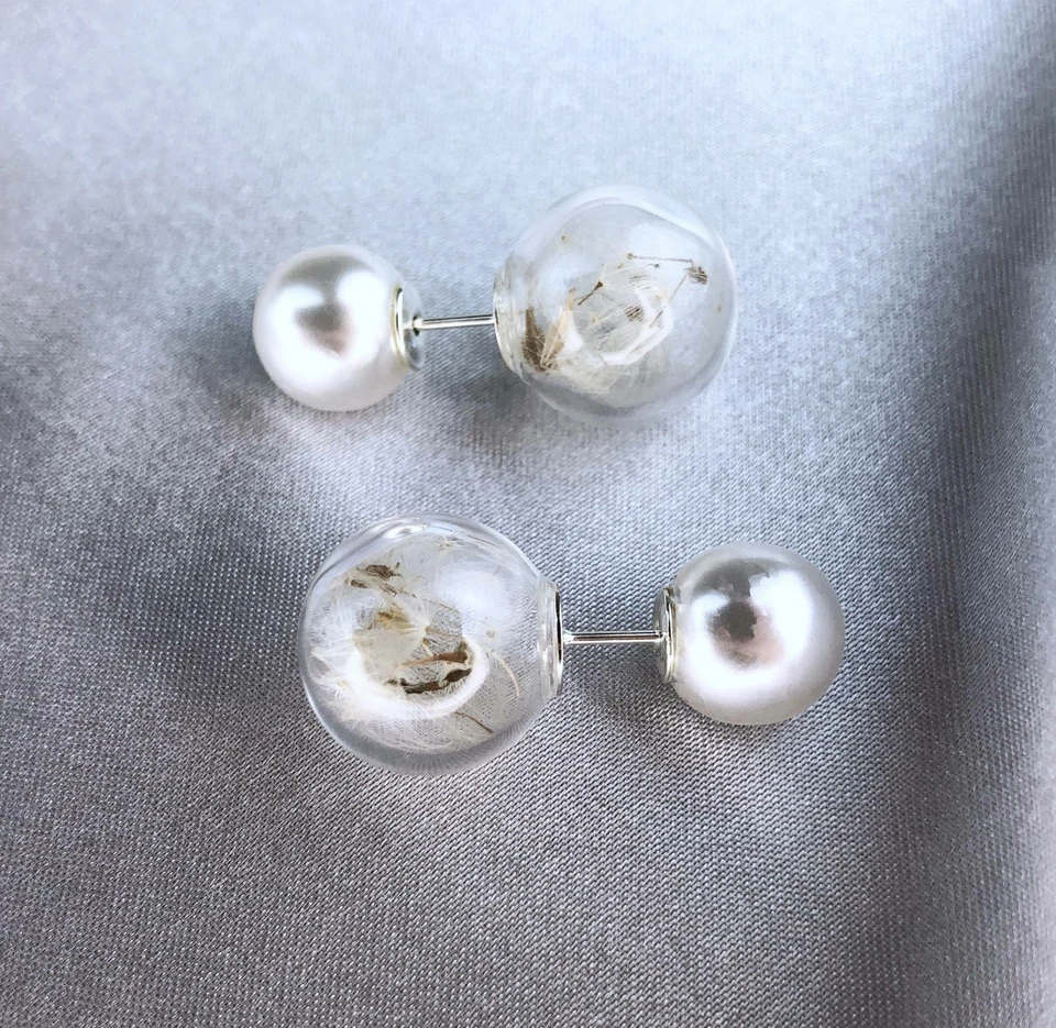 Doppelohrstecker Perlen und Pusteblumen - Elegante Terrarium Botanische Ohrsteck - Bild 2 von 4