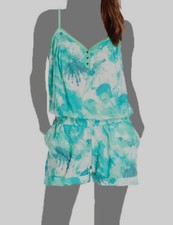  69 Prana Womens Green Floral Modal Small Cuffed Waist Pockets Romper Size Small