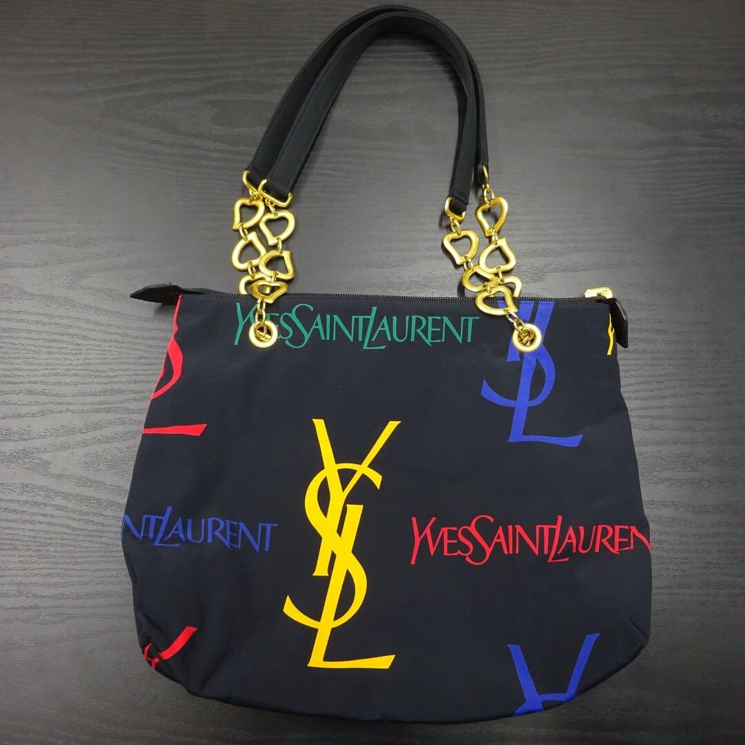 Borsa a tracolla Yves Saint Laurent Ysl logo stampa catena cuore nera usata nylon