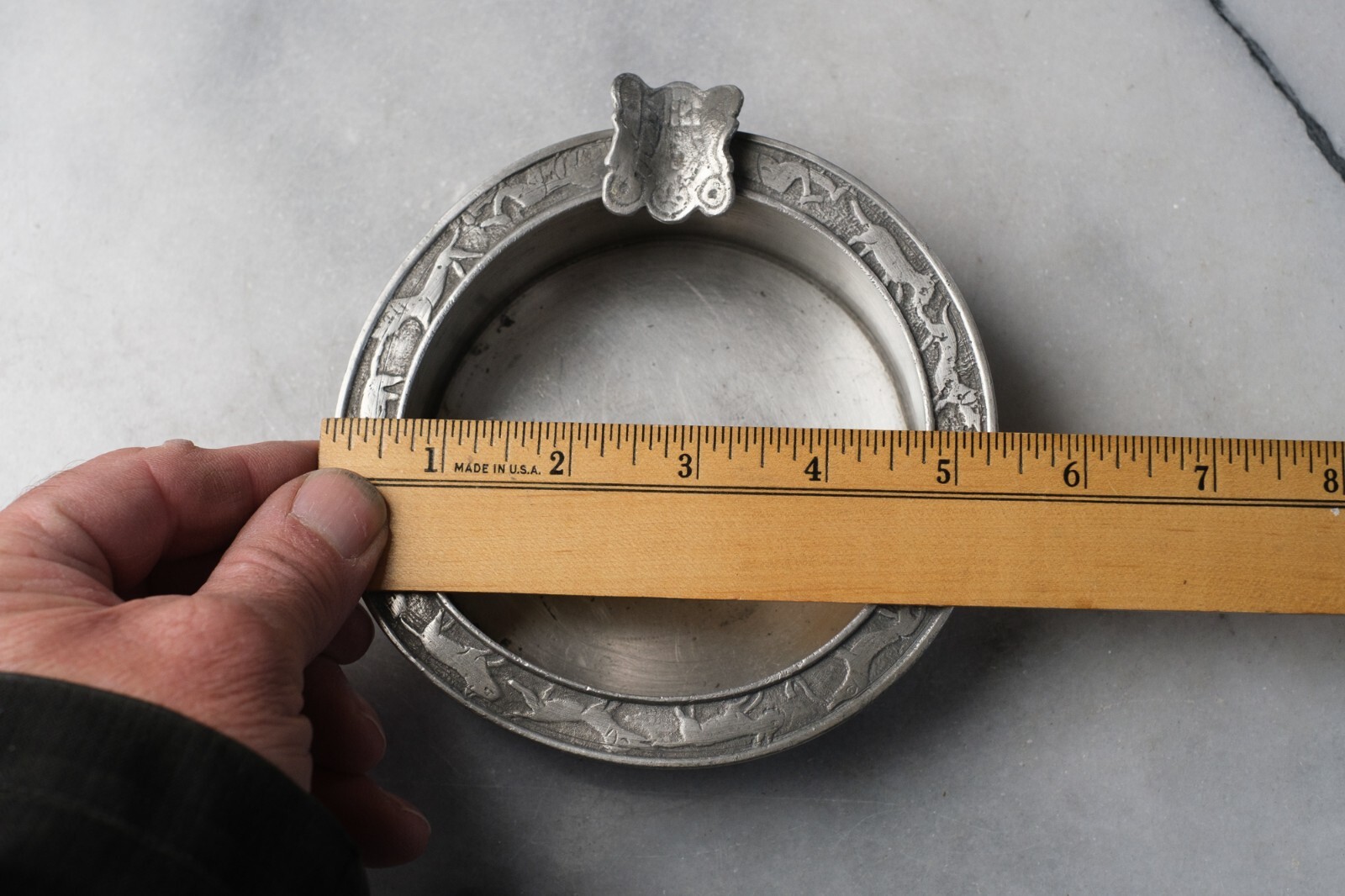 ANIMAL THEMED Ash Tray Made in Germany Pewter Metal Silver Round 5.25" Vintage