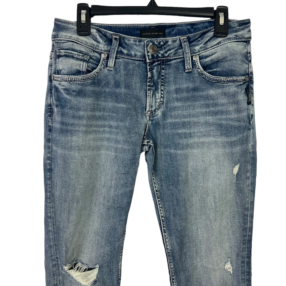 Pantalones de mezclilla para mujer PLATEADOS azul novio talla 7/8 lavado medio desgastados elásticos Foto 2 de 4