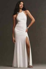 EVENING DRESS M JULIANA WHITE CREPE MAXI BHLDN ANTHROPOLOGIE HIGH NECK NWT $220